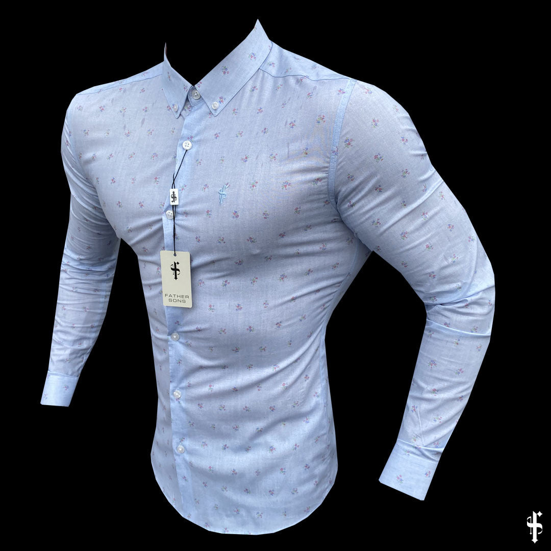 Super Slim Stretch Light Blue Multi Floral Print Long Sleeve - FS668