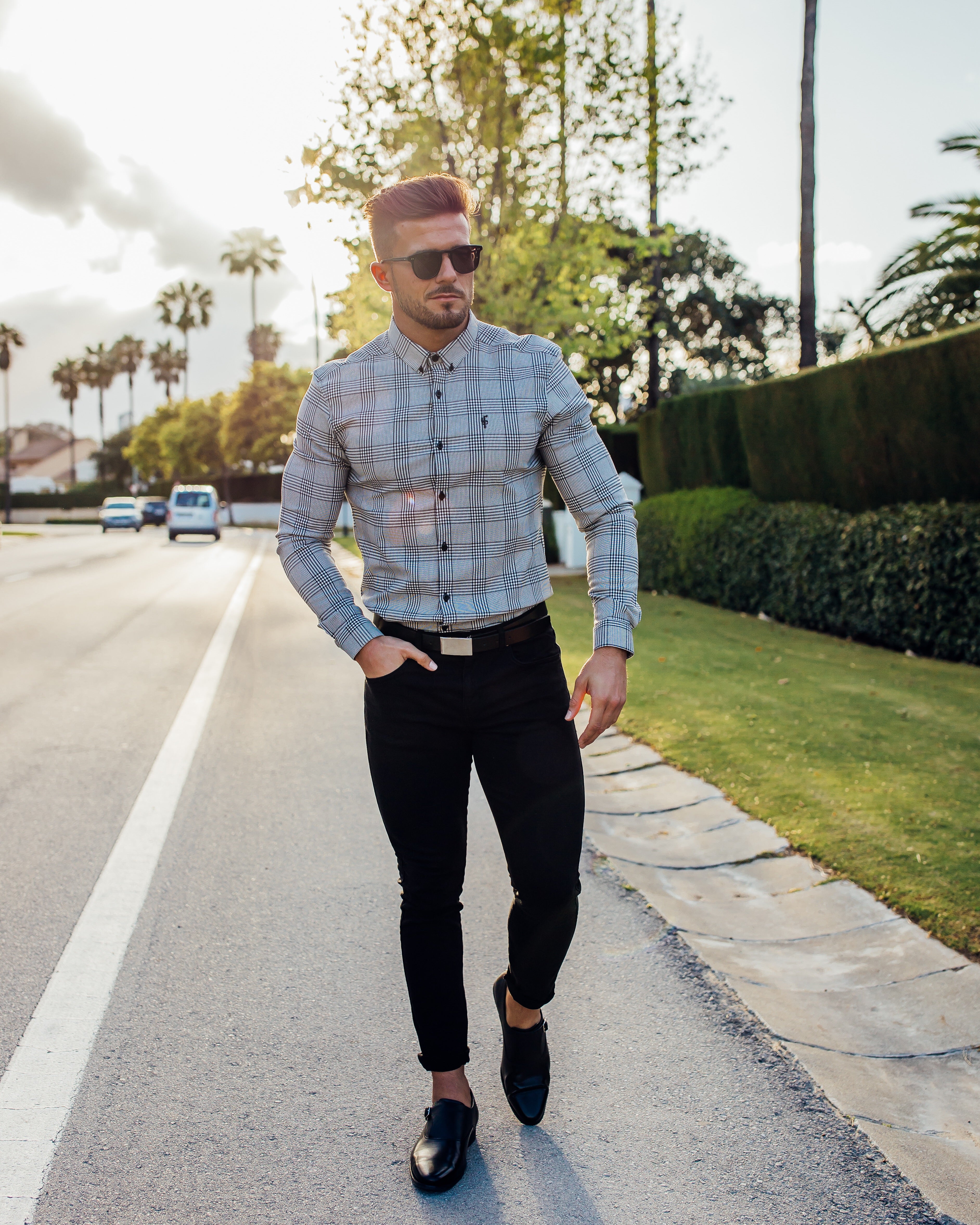 Super Slim Stretch Prince Of Wales White and Black Check Long Sleeve - FS517