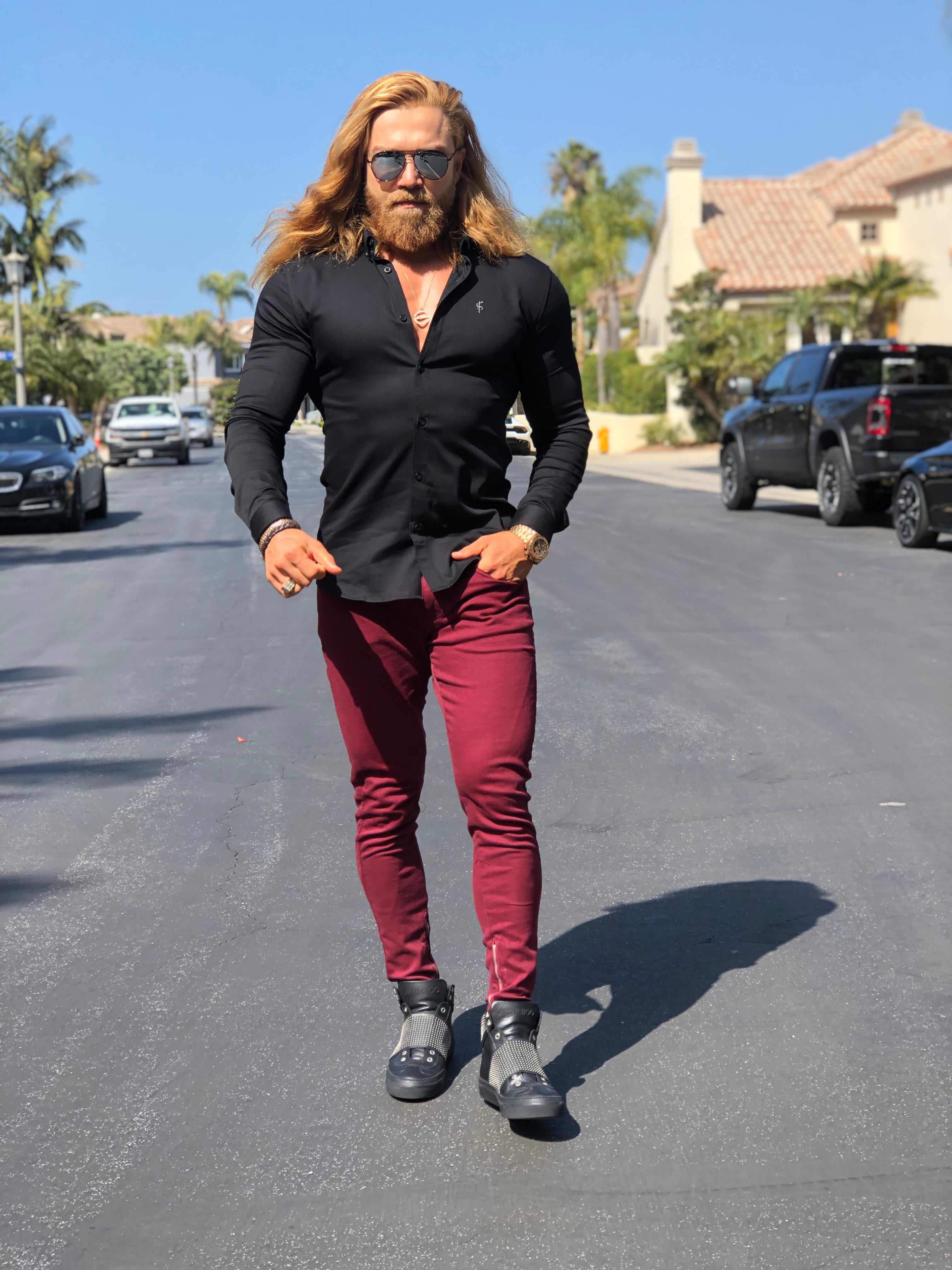 Super Slim Stretch Black Denim Long Sleeve (Silver Emblem) - FS295