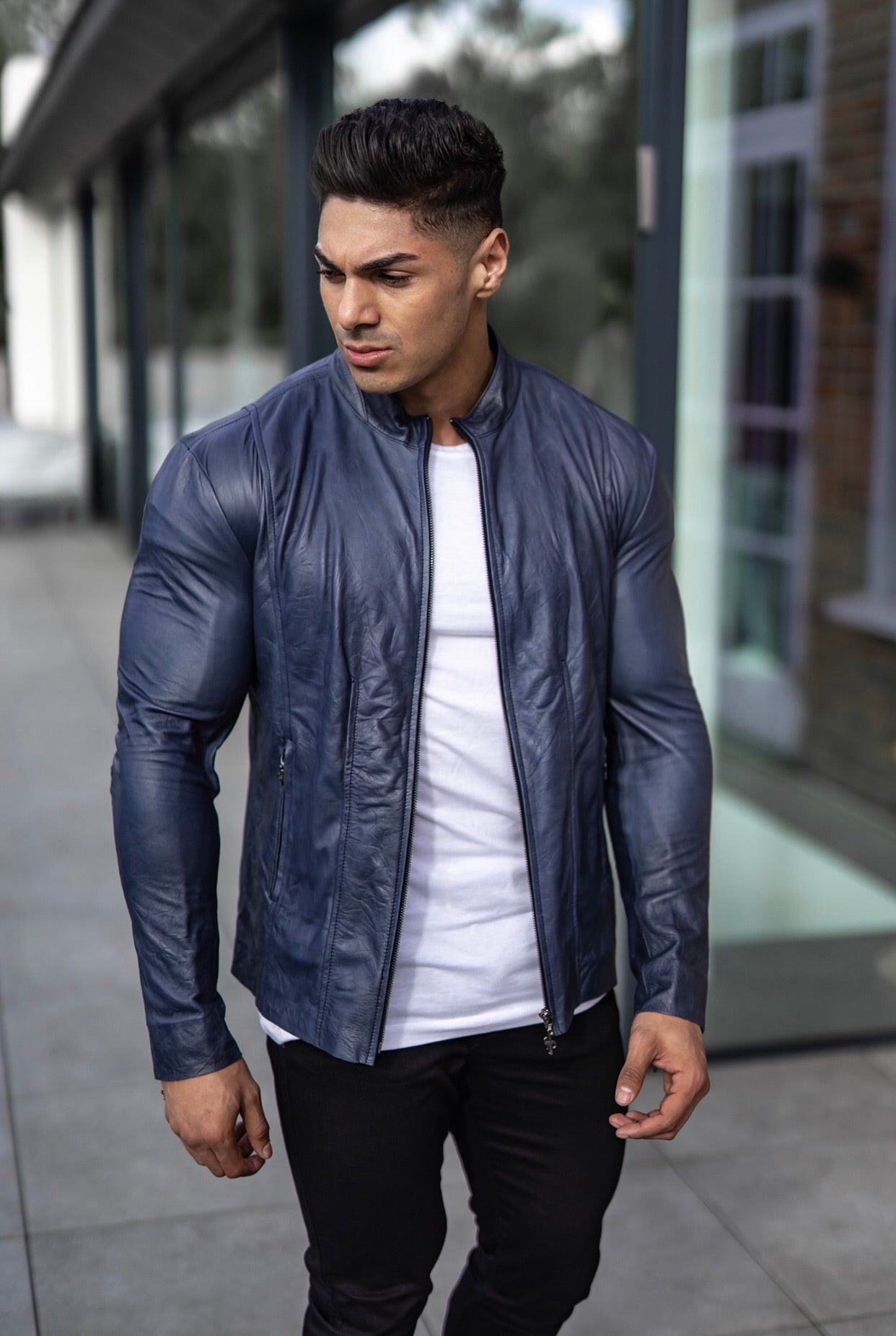 Navy Lambs Leather Jacket - FSH217