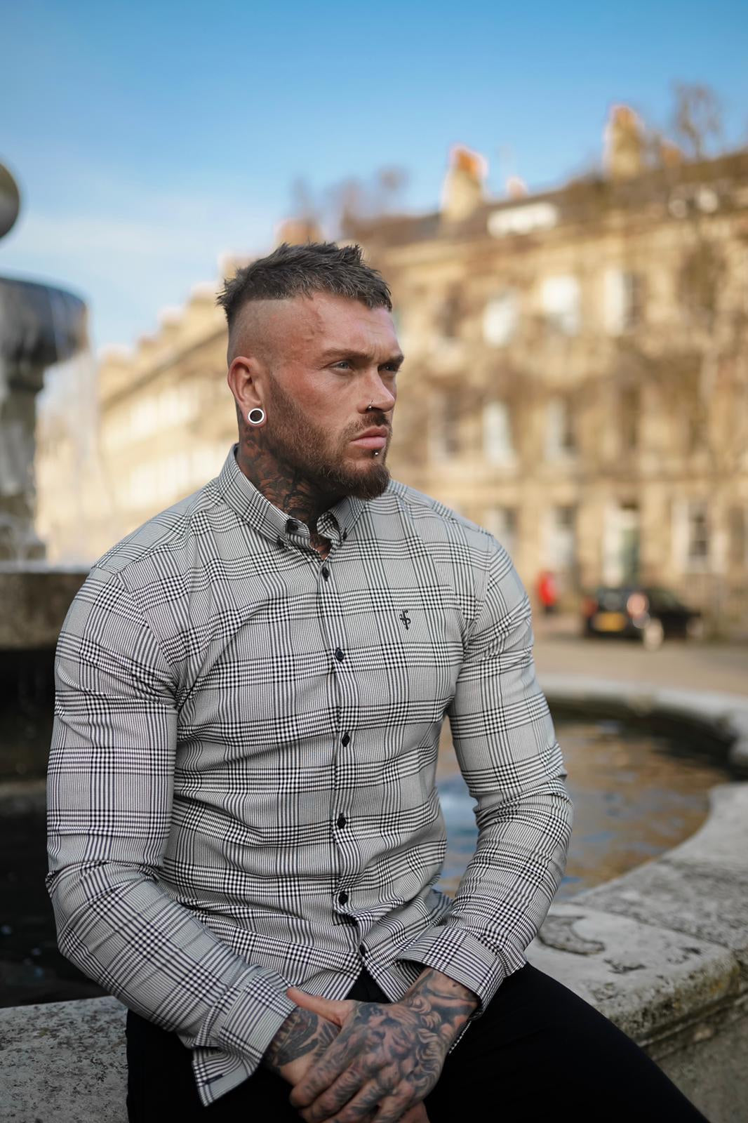 Super Slim Stretch Prince Of Wales White and Black Check Long Sleeve - FS517