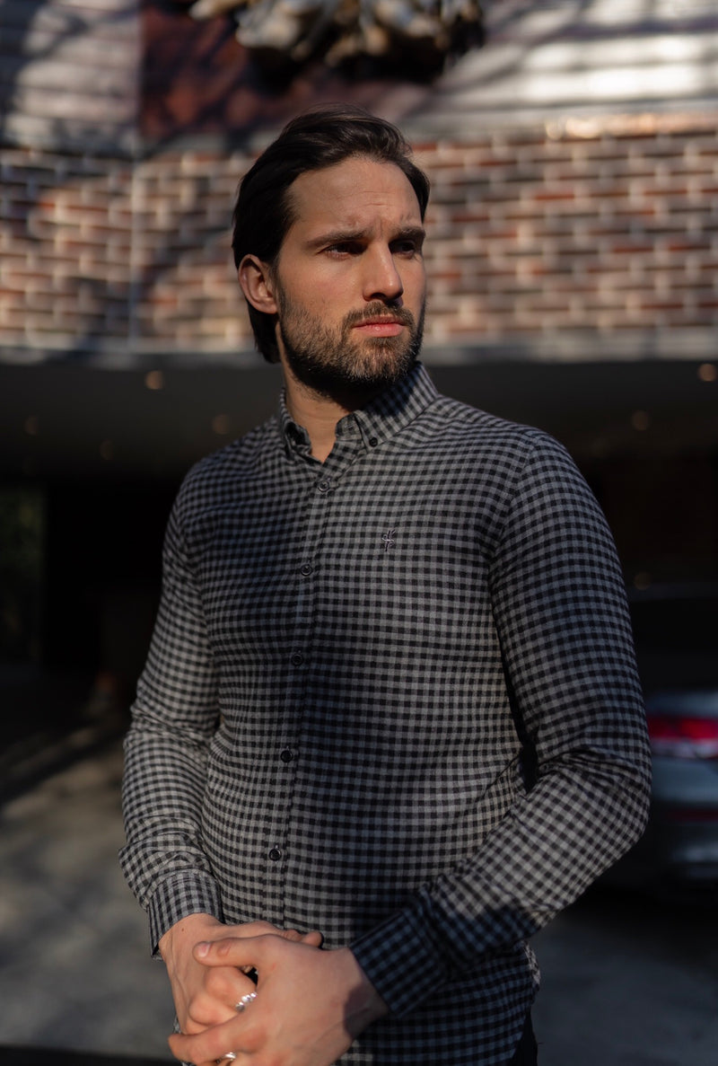 Father Sons Classic Black & Grey Brushed Check Long Sleeve (Grey Emblem) - FS411