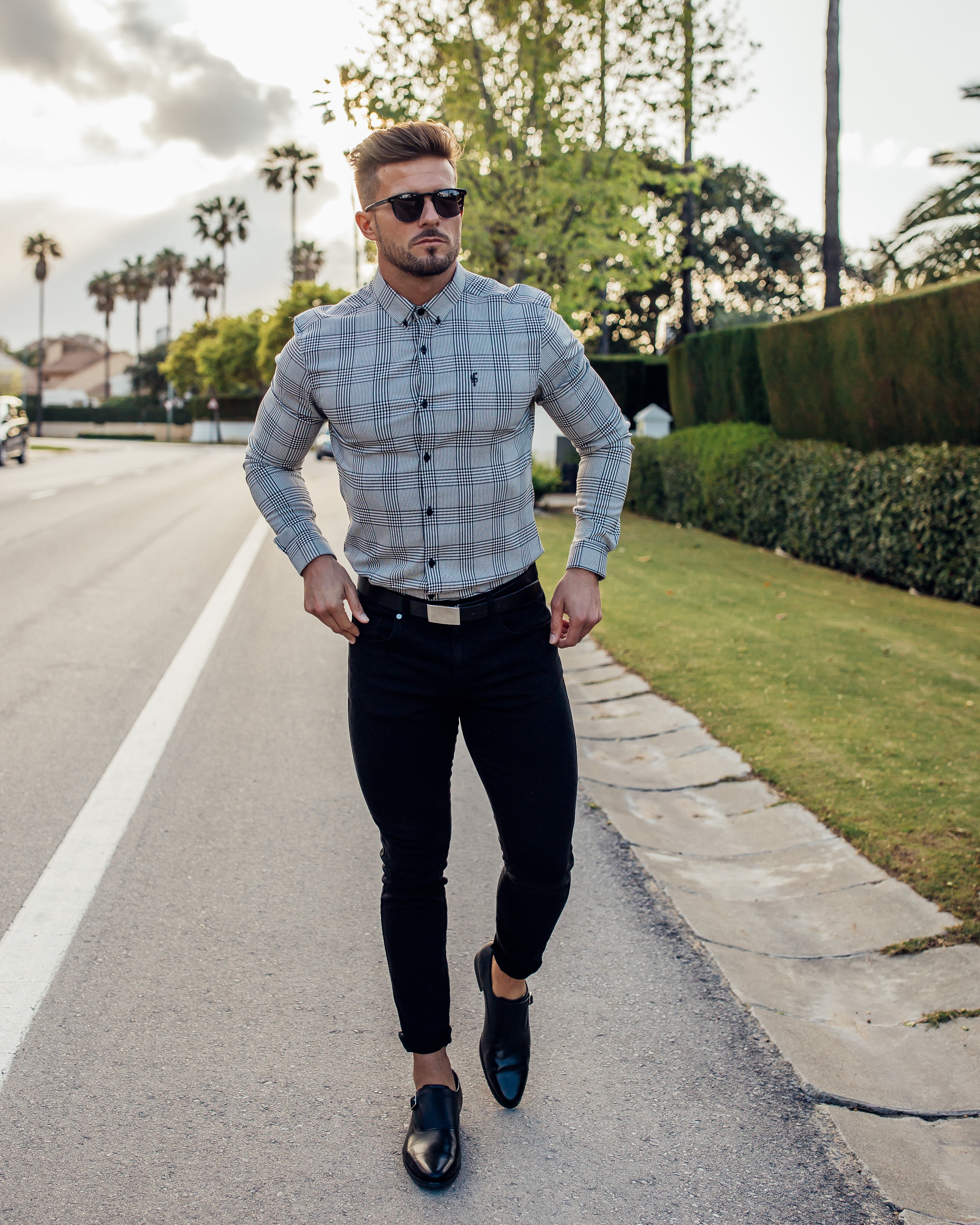 Super Slim Stretch Prince Of Wales White and Black Check Long Sleeve - FS517