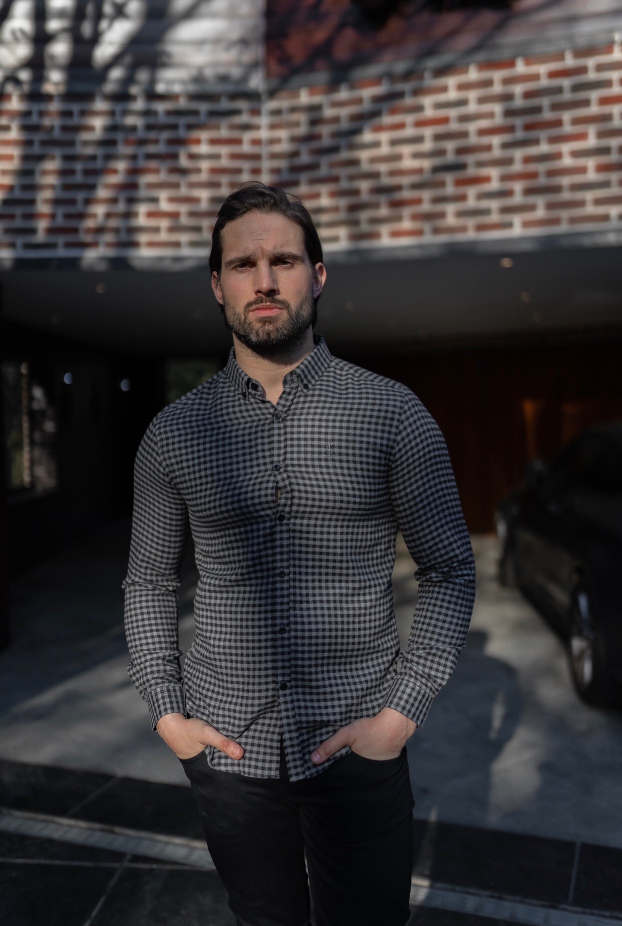 Classic Black & Grey Brushed Check Long Sleeve (Grey Emblem) - FS411