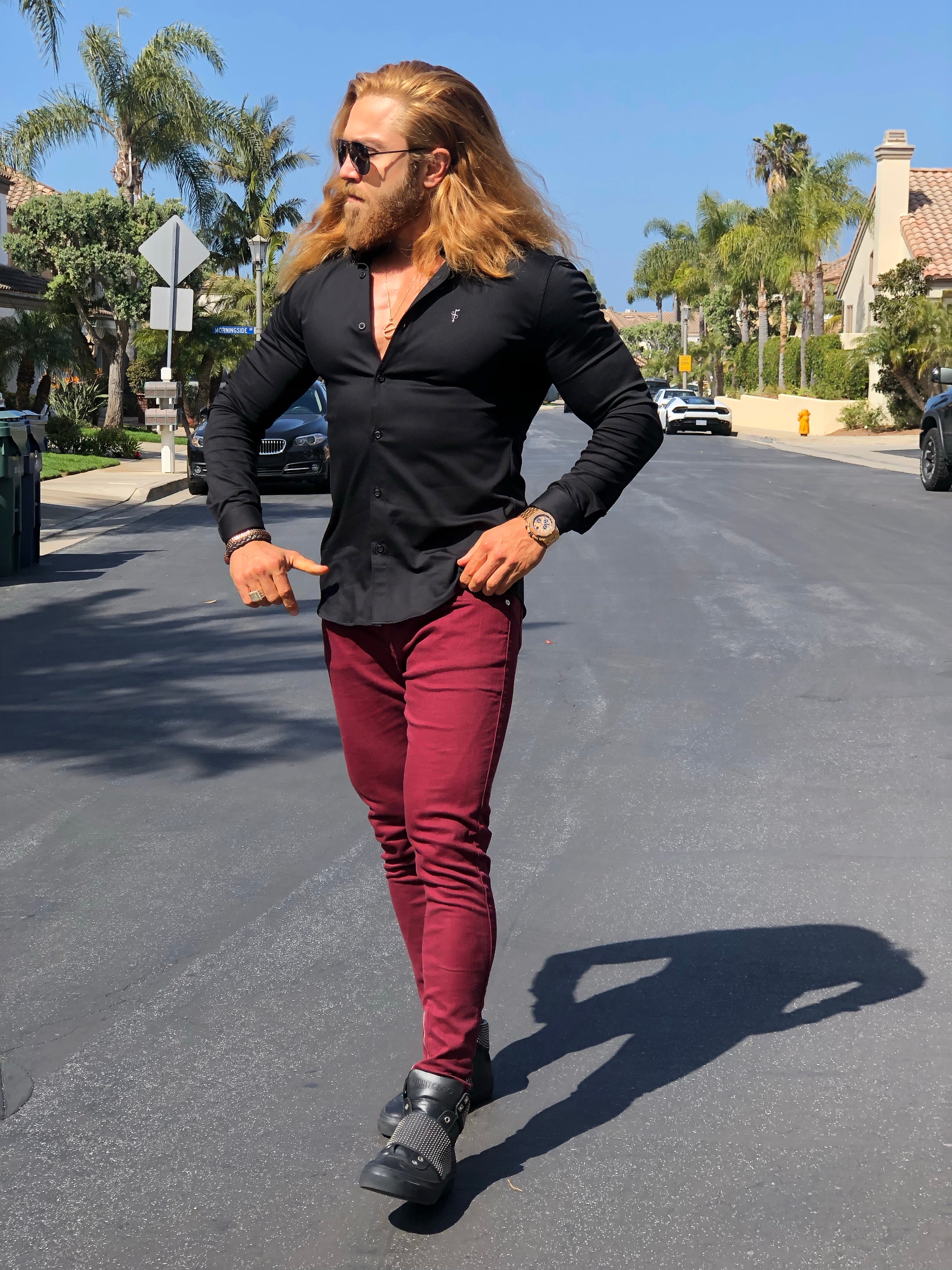 Super Slim Stretch Black Denim Long Sleeve (Silver Emblem) - FS295