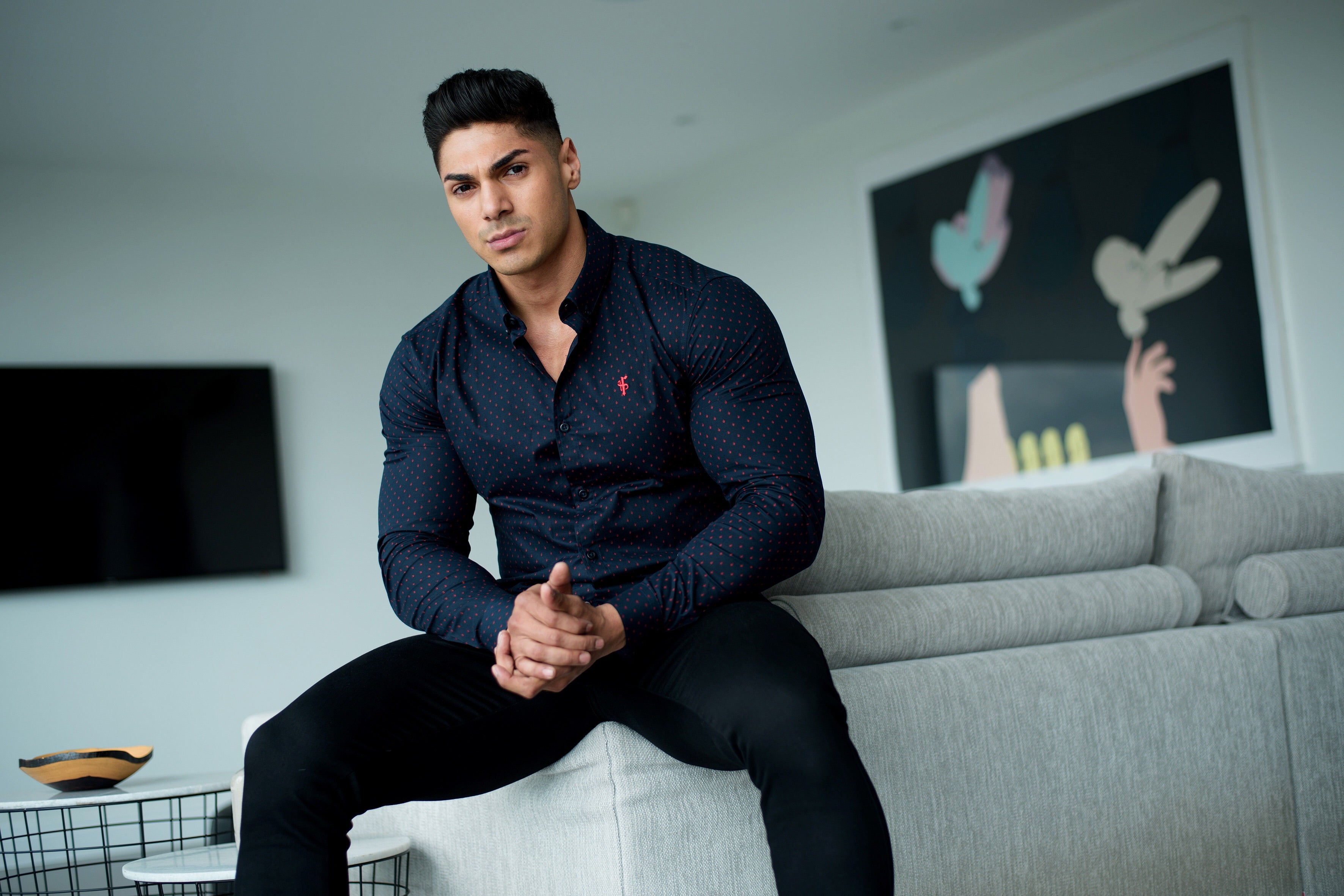 Super Slim Stretch Navy & Red Ditsy Print Long Sleeve (Red Embroidery) - FS092R