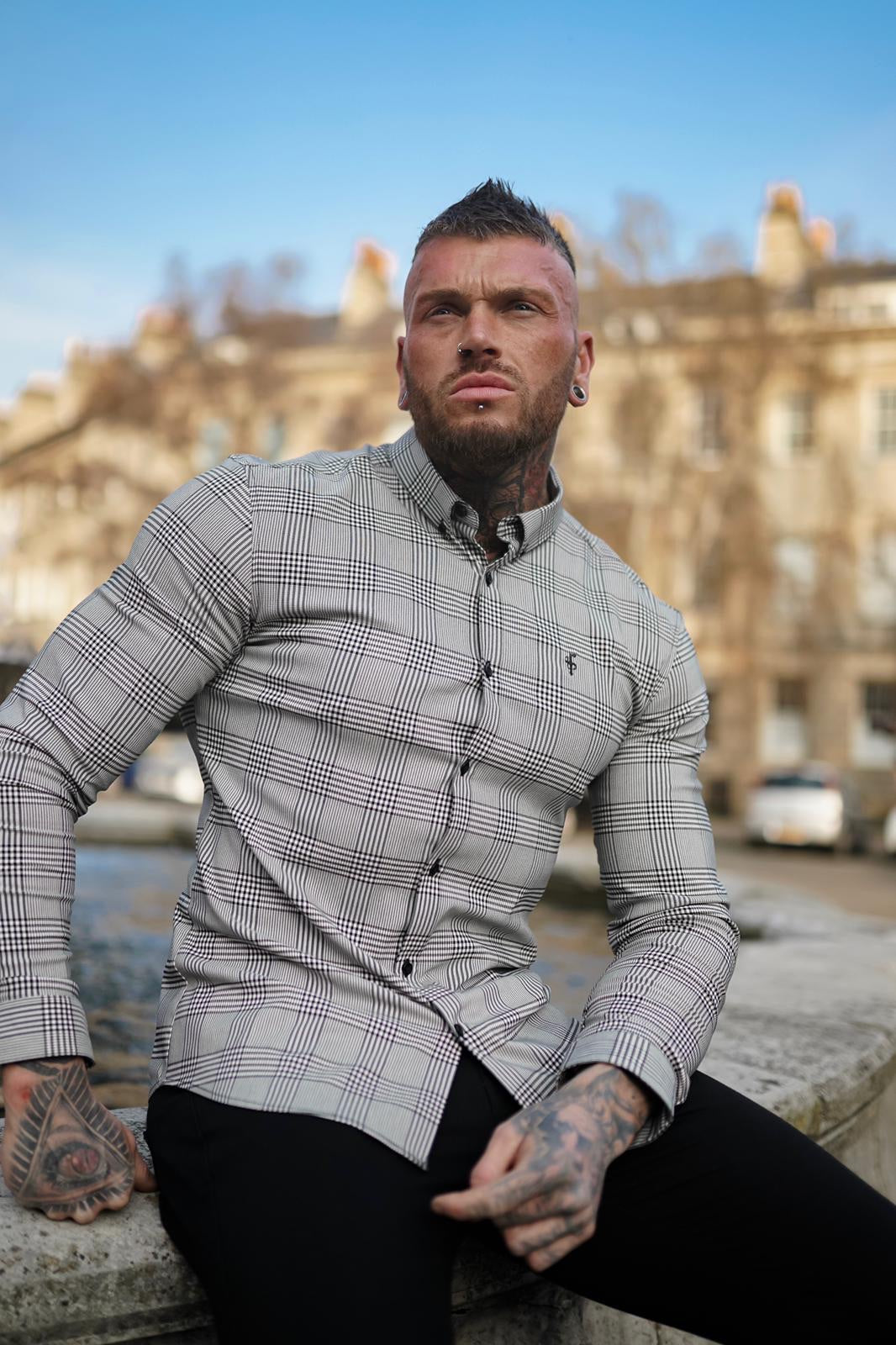 Super Slim Stretch Prince Of Wales White and Black Check Long Sleeve - FS517