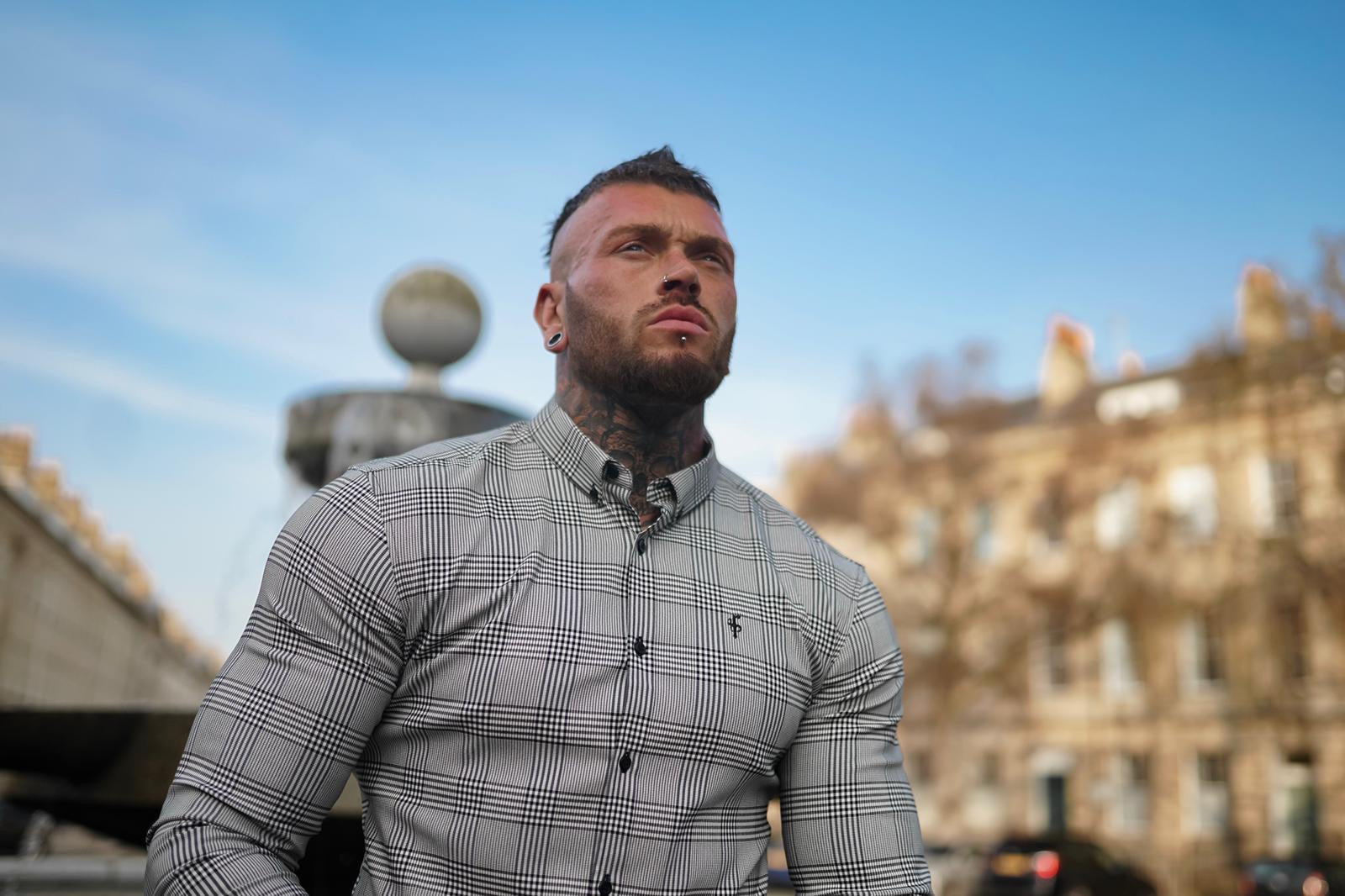 Super Slim Stretch Prince Of Wales White and Black Check Long Sleeve - FS517