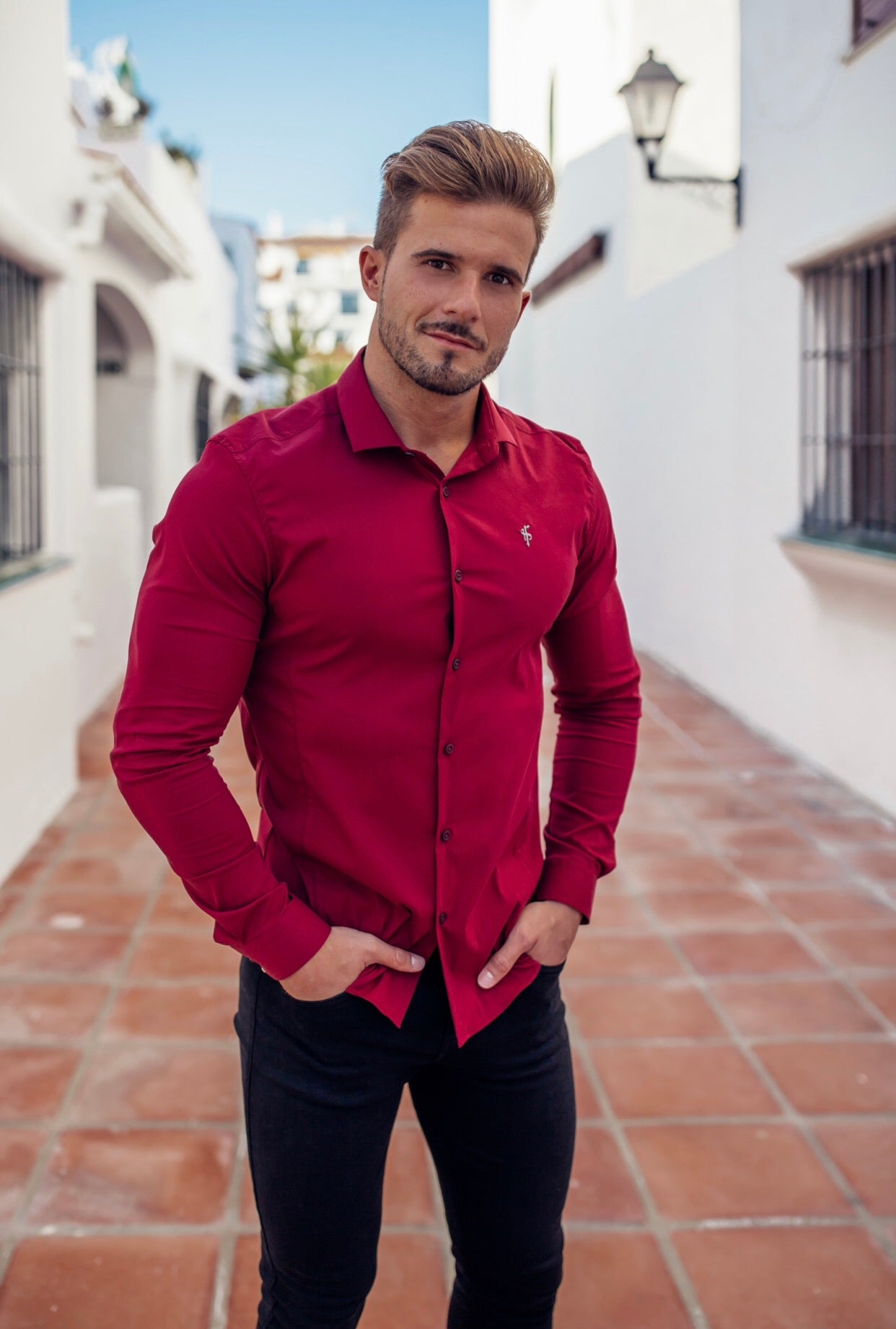 Super Slim Stretch Classic Oxblood Panel Shirt (Grey embroidery) - FS318