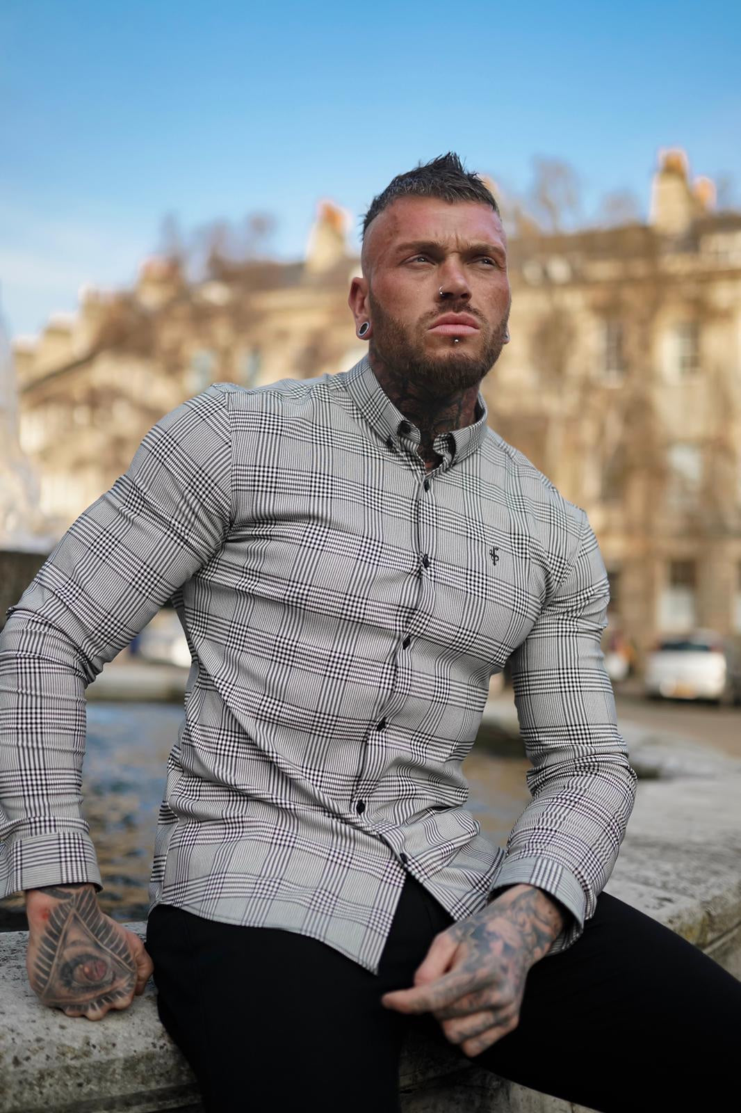 Super Slim Stretch Prince Of Wales White and Black Check Long Sleeve - FS517