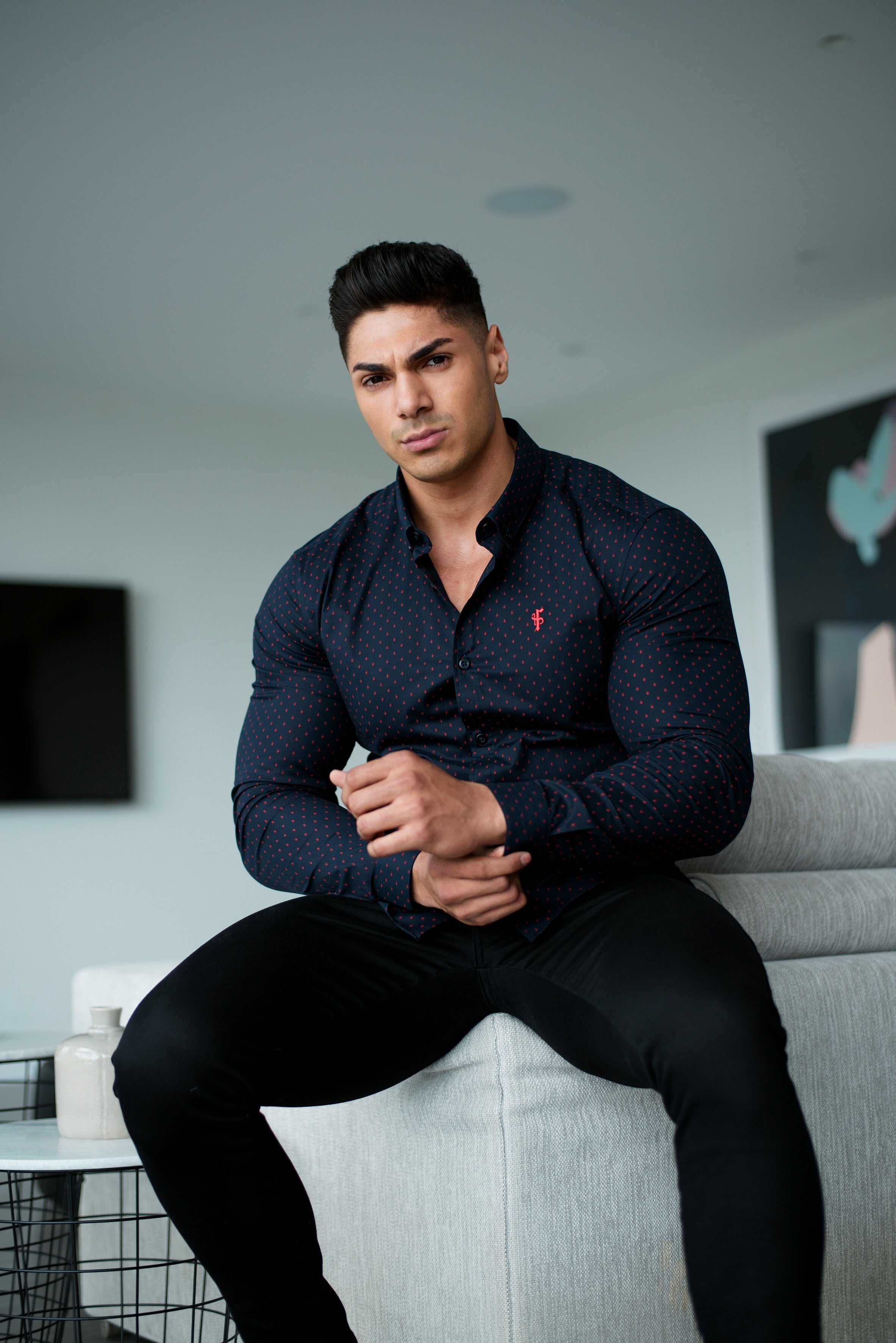 Super Slim Stretch Navy & Red Ditsy Print Long Sleeve (Red Embroidery) - FS092R